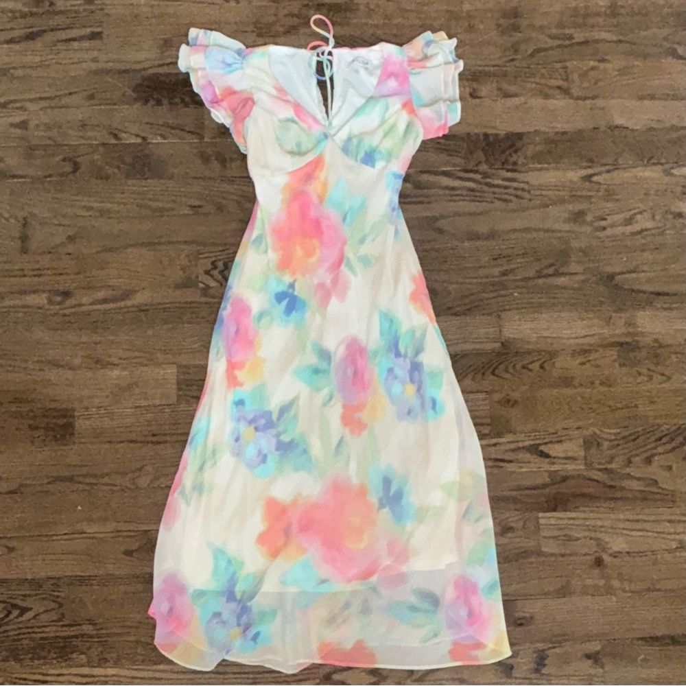 Taylor Floral Print Vneck Ruffle Cap Sleeve Keyhole Back Midi Dress Size 6 — image 2 of 6